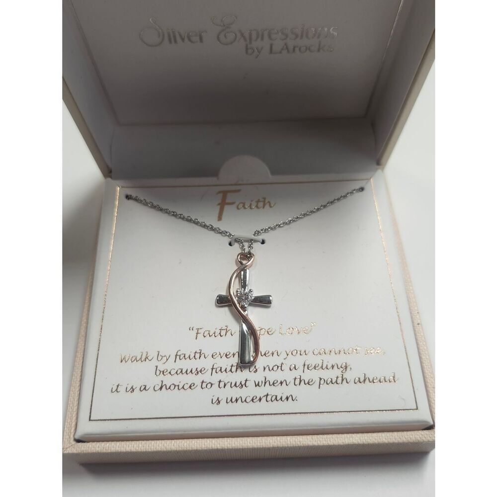 Two-Tone Faith Cross Necklace in Silver and Rose Gold Fine Silver Plated